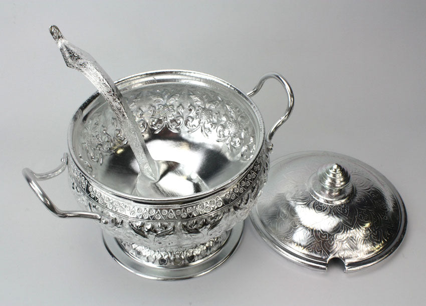 Traditional Thai Aluminium Metal Rice Serving Bowl and Serving Spoon, 20cm diameter - farangshop-co