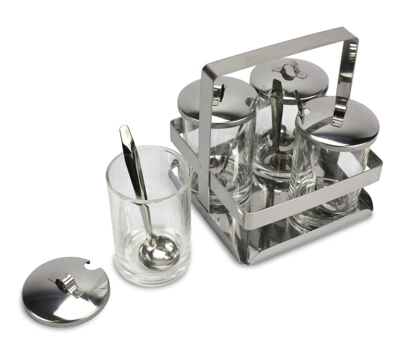 Thai Condiment Set, Stainless Steel, 6 oz glasses, 14cm high x 13cm wide - farangshop-co