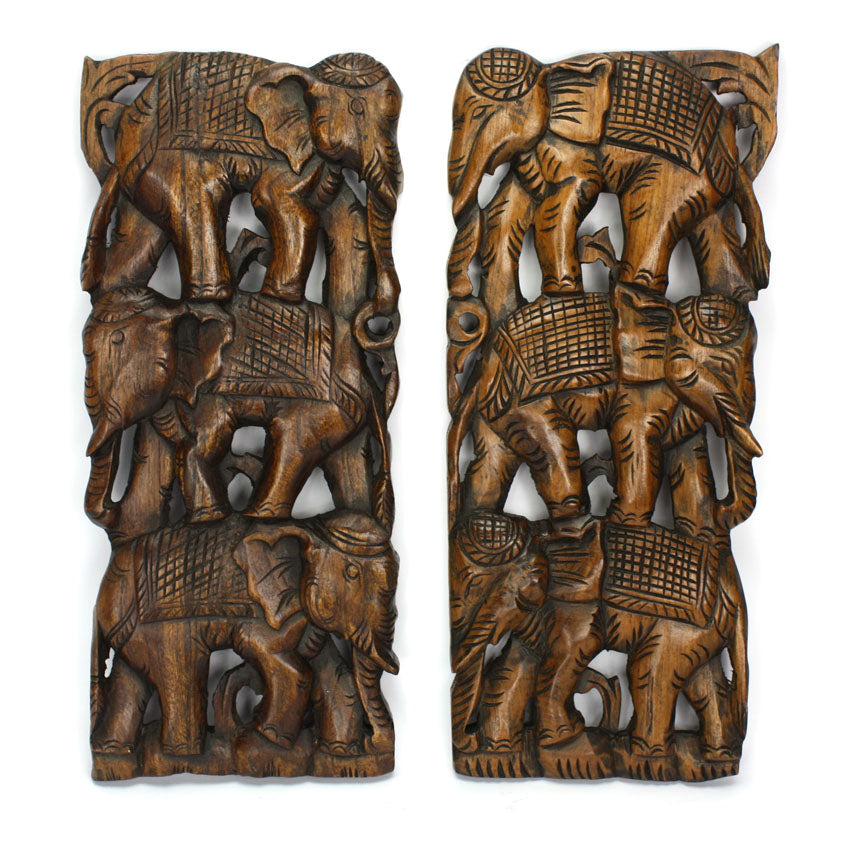 Hand carved teak wood panel, three elephants, single panel, 45.2cm x 20cm - farangshop-co