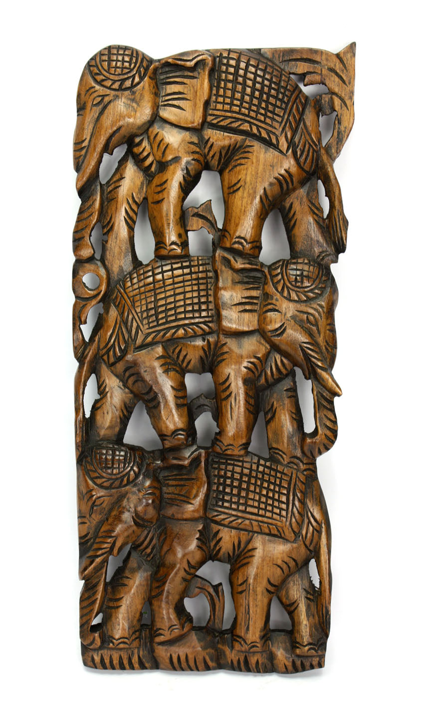 Hand carved teak wood panel, three elephants, single panel, 45.2cm x 20cm - farangshop-co