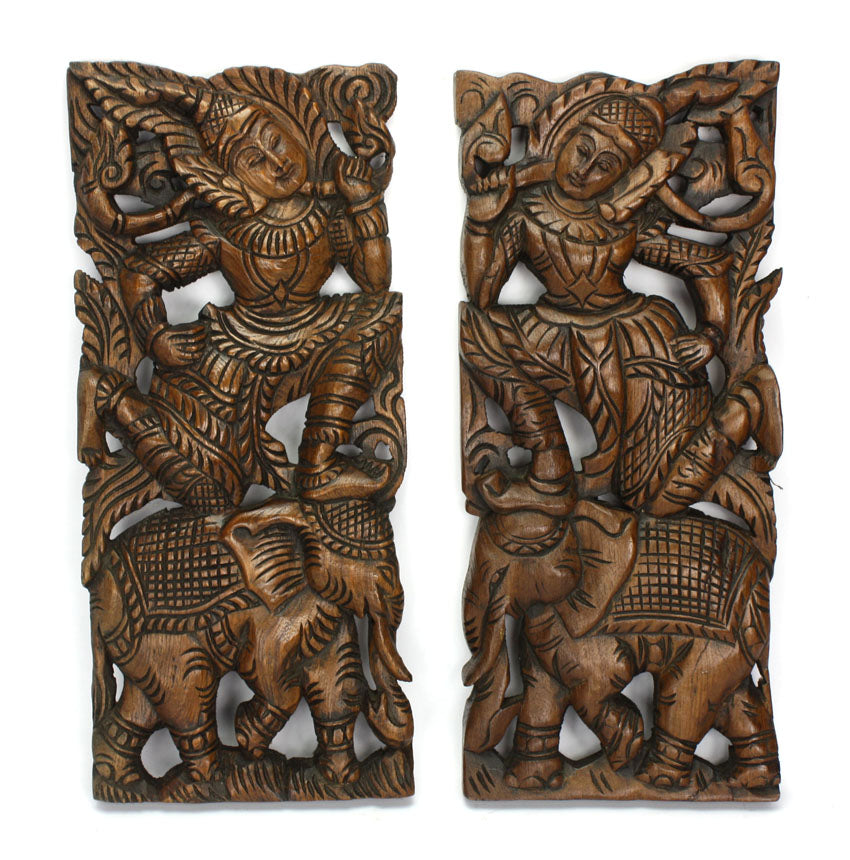 Hand carved teak wood panel, Thai Male Warrior on Elephant, single panel, 45cm x 20cm - farangshop-co