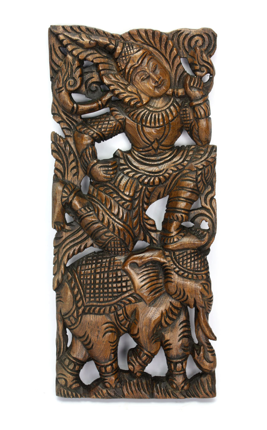 Hand carved teak wood panel, Thai Male Warrior on Elephant, single panel, 45cm x 20cm - farangshop-co