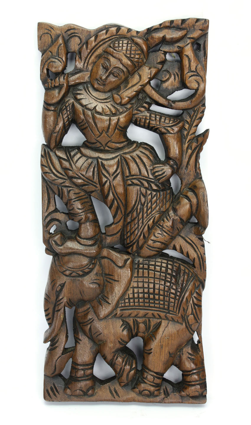 Hand carved teak wood panel, Thai Male Warrior on Elephant, single panel, 45cm x 20cm - farangshop-co