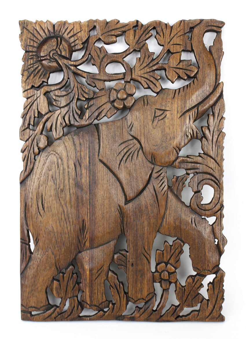 Hand carved teak wood panel, Elephant, 46cm x 30cm. Panel A - farangshop-co