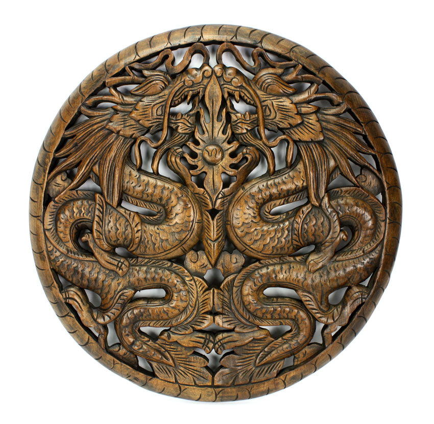 Pair of Chinese Dragons, Thai woodcarving, Circular 60cm, DR20 - farangshop-co