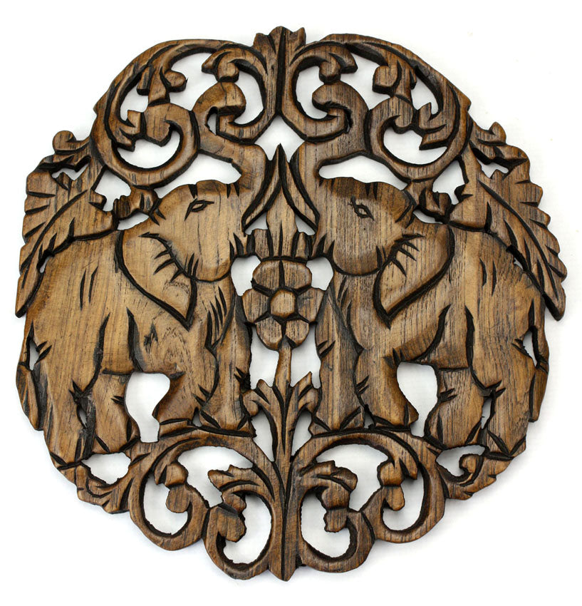 Hand carved circular teak wood panel, pair of elephants, single panel, 29cm diameter - farangshop-co