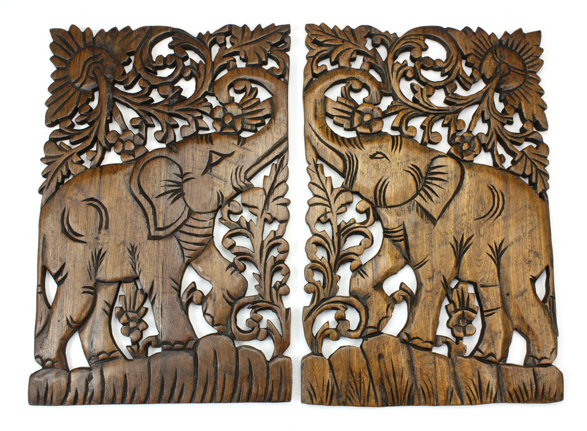 Hand carved teak wood panel, pair of elephants, each 46cm x 30cm - farangshop-co