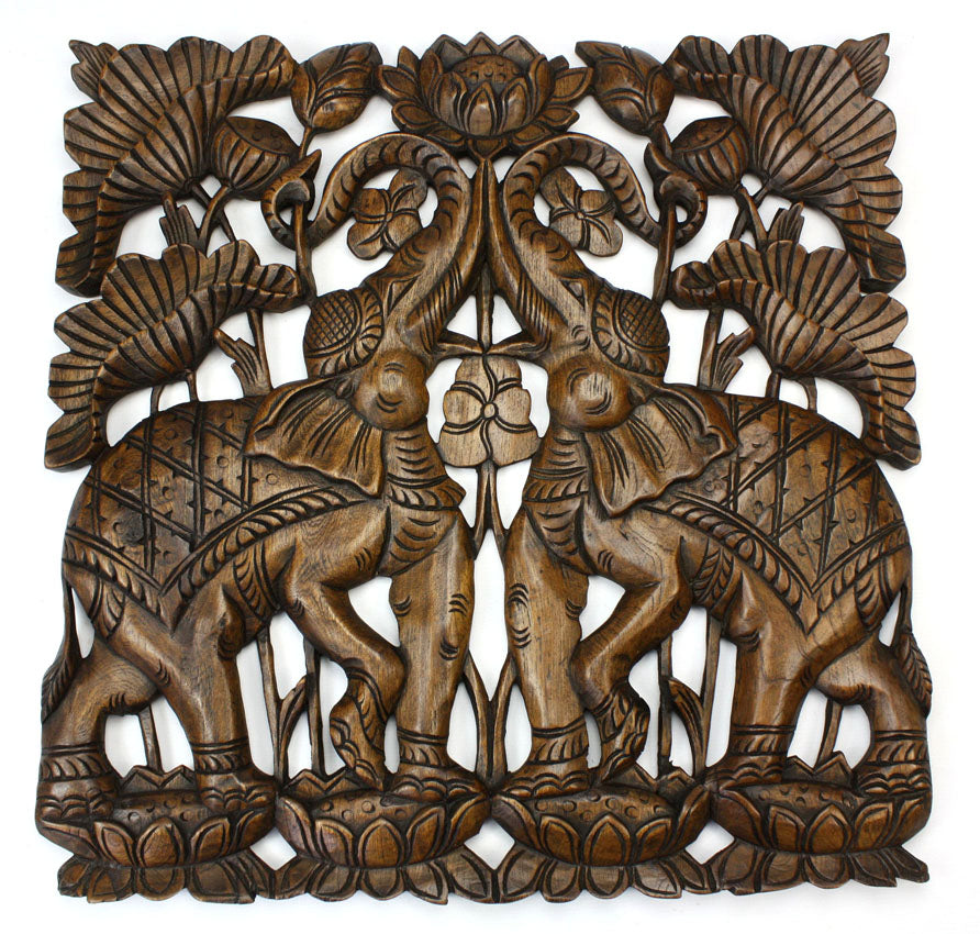 Hand carved teak wood panel, Pair of Elephants, single panel, 60cm x 60cm - farangshop-co