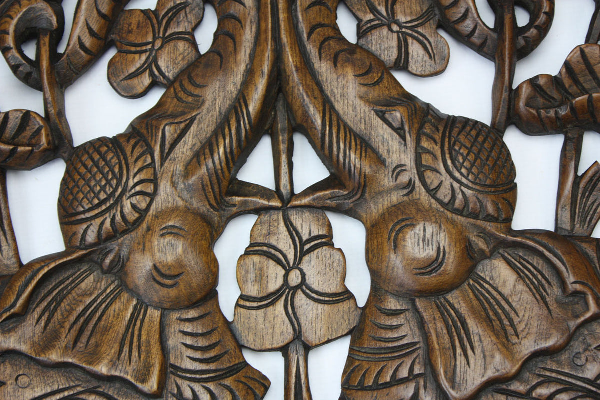 Hand carved teak wood panel, Pair of Elephants, single panel, 60cm x 60cm - farangshop-co