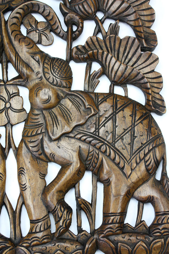 Hand carved teak wood panel, Pair of Elephants, single panel, 60cm x 60cm - farangshop-co
