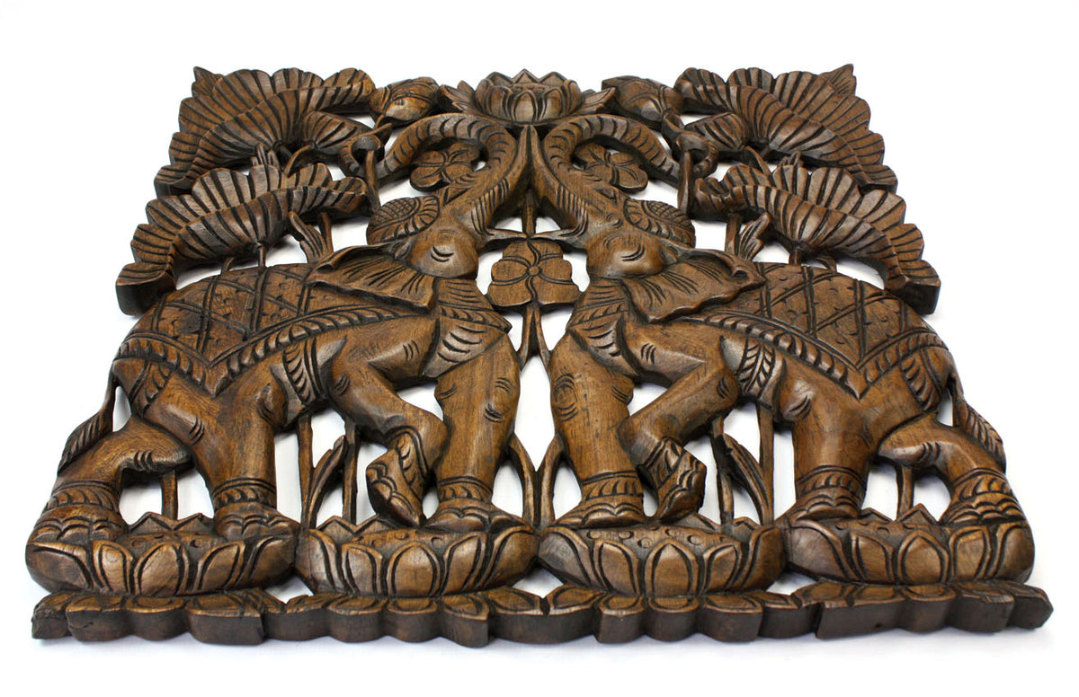 Hand carved teak wood panel, Pair of Elephants, single panel, 60cm x 60cm - farangshop-co