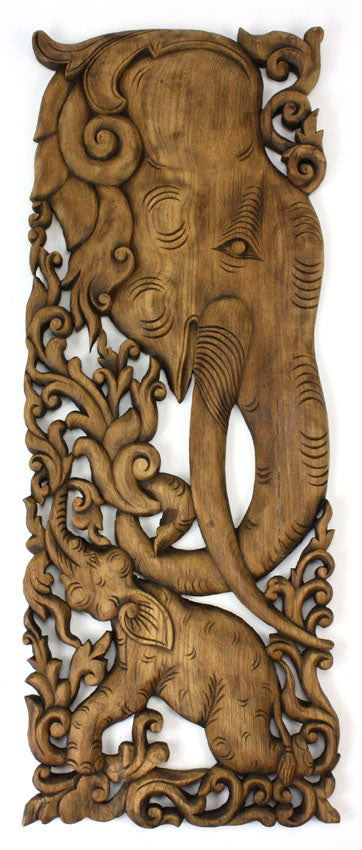 Pair of carved teak wall panels, Elephant design, each 90cm x 35cm, ED02 - farangshop-co
