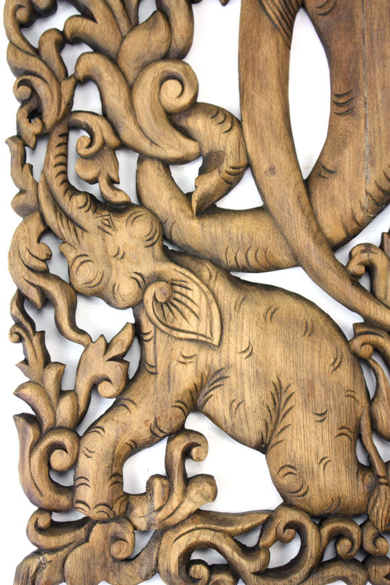 Pair of carved teak wall panels, Elephant design, each 90cm x 35cm, ED02 - farangshop-co