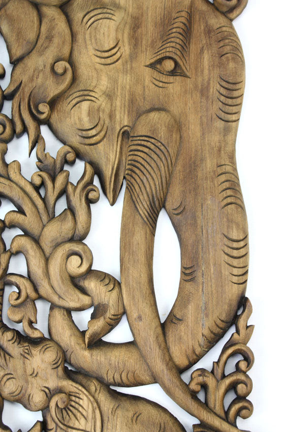 Pair of carved teak wall panels, Elephant design, each 90cm x 35cm, ED02 - farangshop-co
