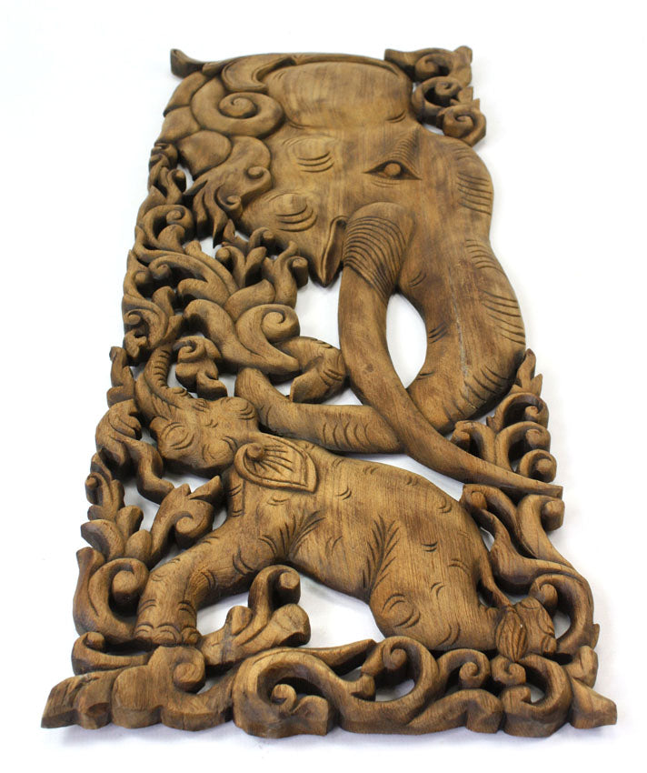 Pair of carved teak wall panels, Elephant design, each 90cm x 35cm, ED02 - farangshop-co