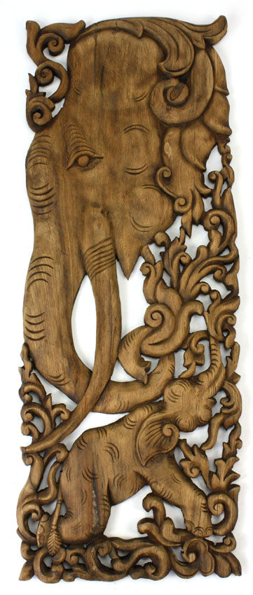Pair of carved teak wall panels, Elephant design, each 90cm x 35cm, ED02 - farangshop-co
