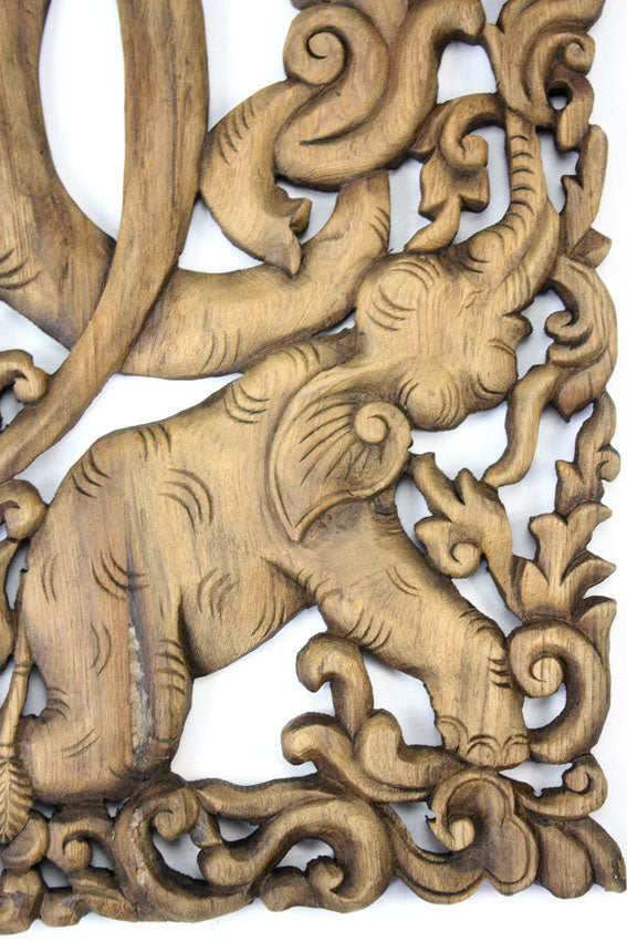 Pair of carved teak wall panels, Elephant design, each 90cm x 35cm, ED02 - farangshop-co