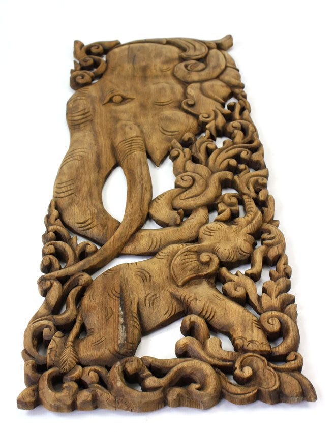 Pair of carved teak wall panels, Elephant design, each 90cm x 35cm, ED02 - farangshop-co