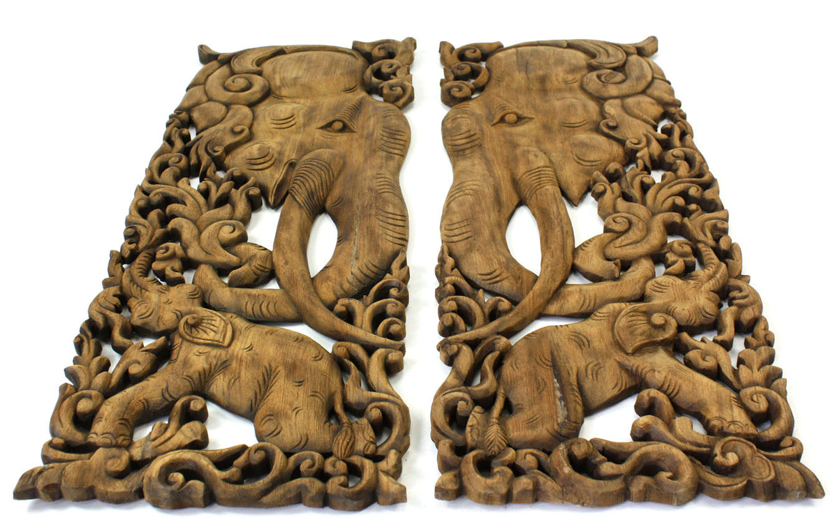 Pair of carved teak wall panels, Elephant design, each 90cm x 35cm, ED02 - farangshop-co
