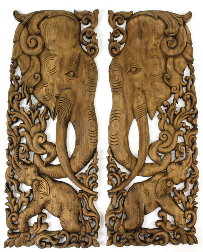 Pair of carved teak wall panels, Elephant design, each 90cm x 35cm, ED02 - farangshop-co