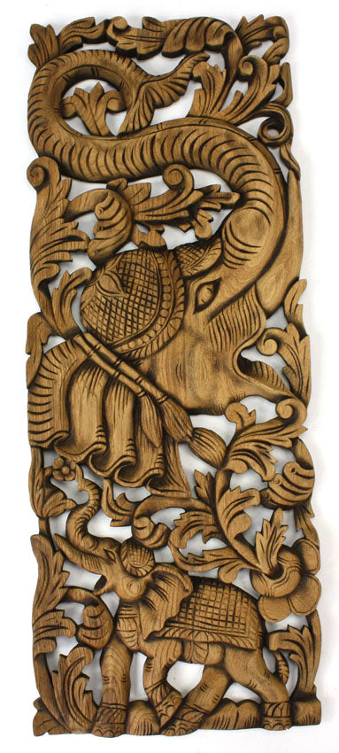 Pair of carved teak wall panels, Elephant design, each 90cm x 35cm, ED01 - farangshop-co