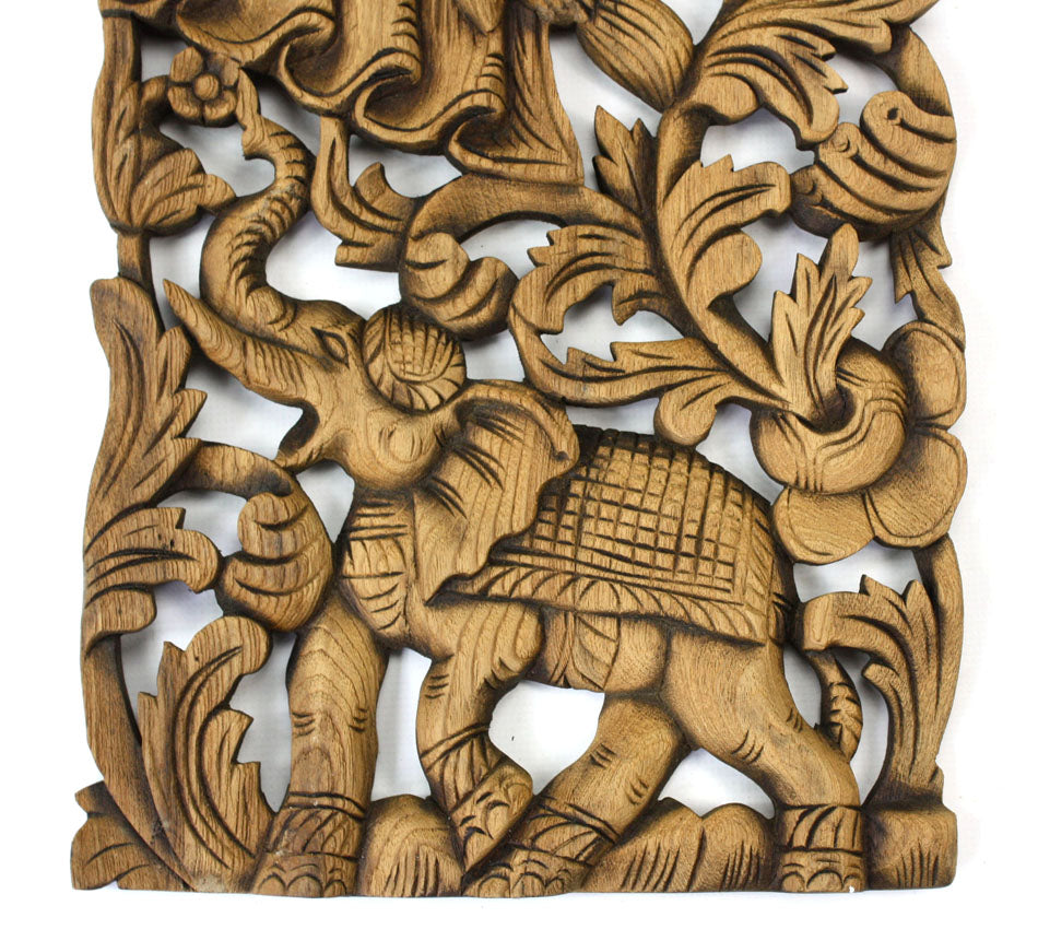 Pair of carved teak wall panels, Elephant design, each 90cm x 35cm, ED01 - farangshop-co