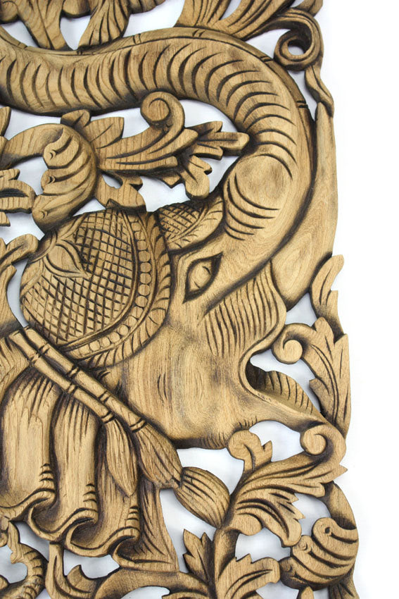 Pair of carved teak wall panels, Elephant design, each 90cm x 35cm, ED01 - farangshop-co
