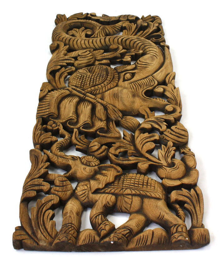 Pair of carved teak wall panels, Elephant design, each 90cm x 35cm, ED01 - farangshop-co