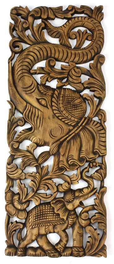 Pair of carved teak wall panels, Elephant design, each 90cm x 35cm, ED01 - farangshop-co