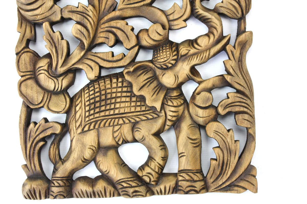 Pair of carved teak wall panels, Elephant design, each 90cm x 35cm, ED01 - farangshop-co