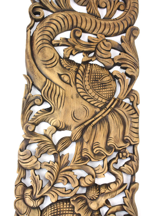 Pair of carved teak wall panels, Elephant design, each 90cm x 35cm, ED01 - farangshop-co