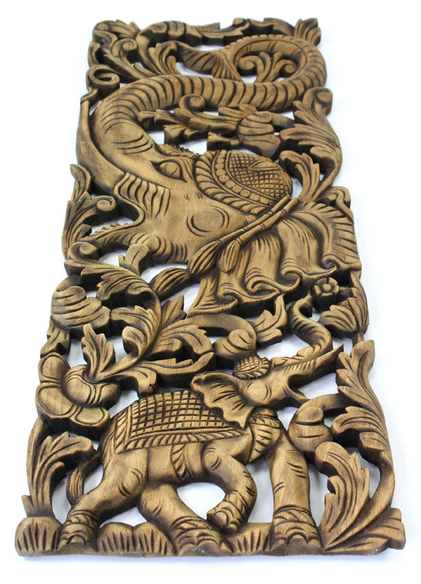 Pair of carved teak wall panels, Elephant design, each 90cm x 35cm, ED01 - farangshop-co