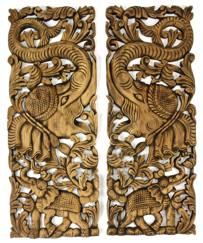 Pair of carved teak wall panels, Elephant design, each 90cm x 35cm, ED01 - farangshop-co