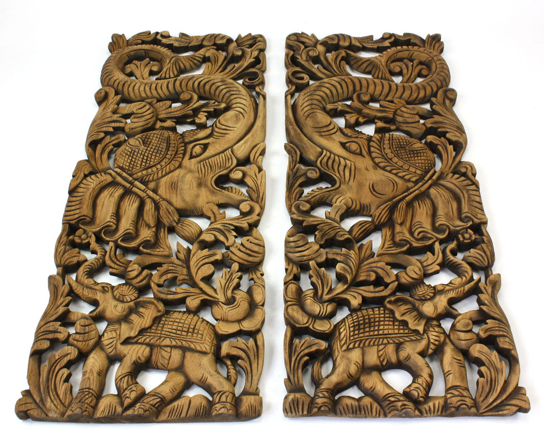 Pair of carved teak wall panels, Elephant design, each 90cm x 35cm, ED01 - farangshop-co