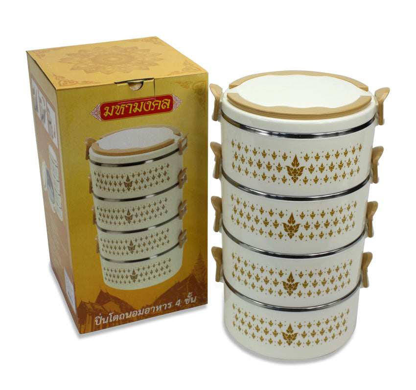 Thai Temple Style Insulated Food Carrier, 4 bowls, 16cm x 4 - farangshop-co