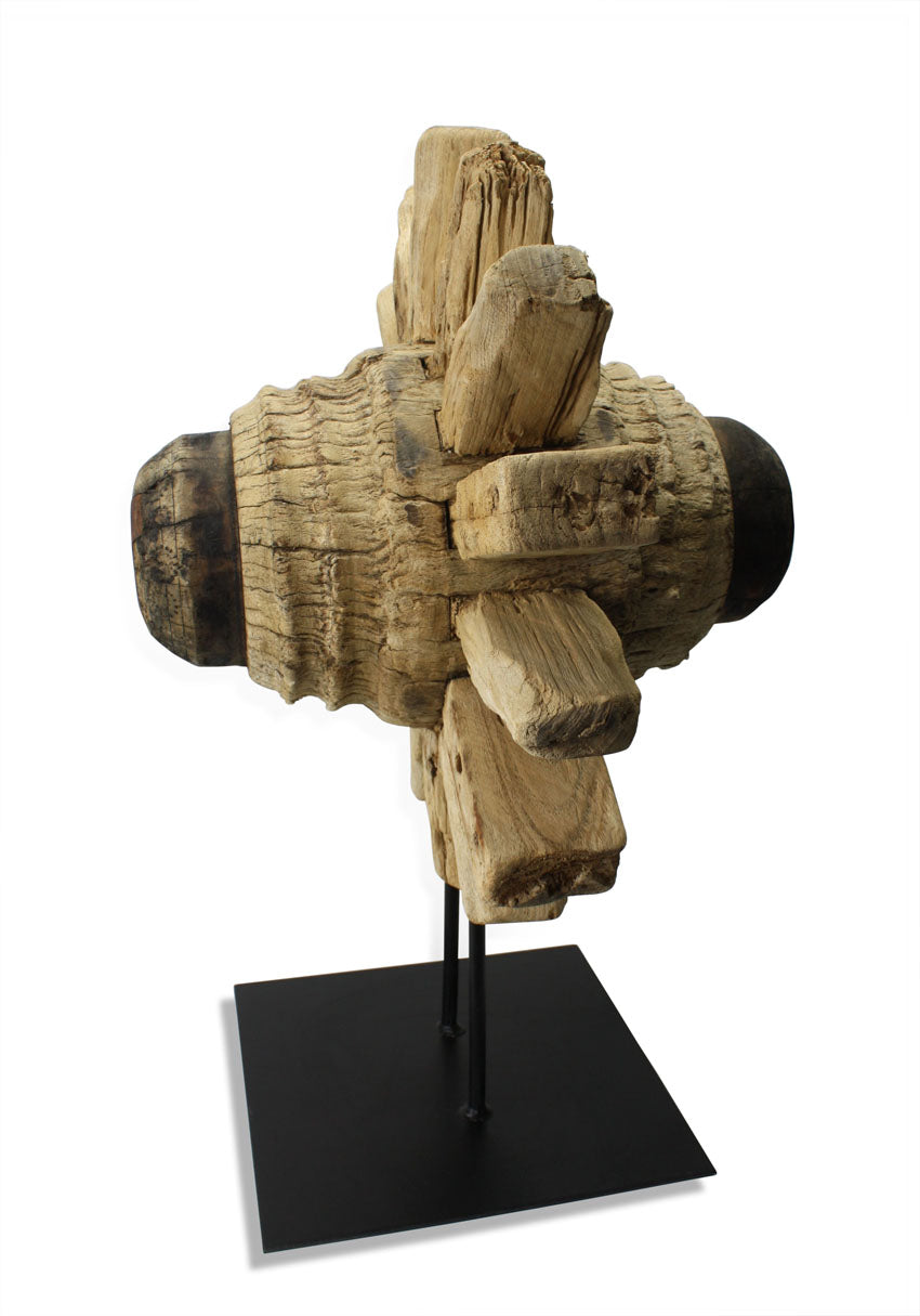 Wheel axle on stand, Thai teak wood sculpture - extra large, 68cm high. - farangshop-co