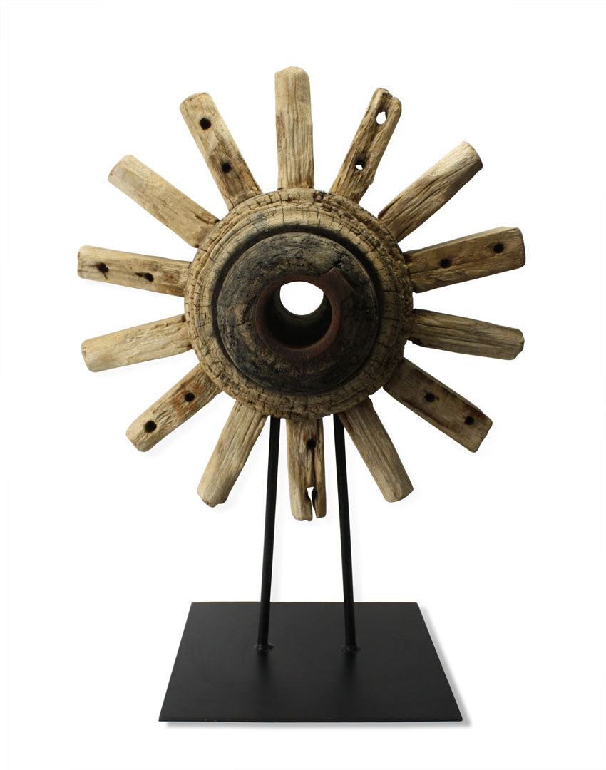 Wheel axle on stand, Thai teak wood sculpture - extra large, 68cm high. - farangshop-co