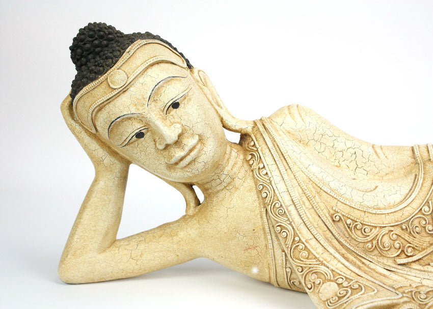 Reclining antique look cracked cream Buddha - large - farangshop-co