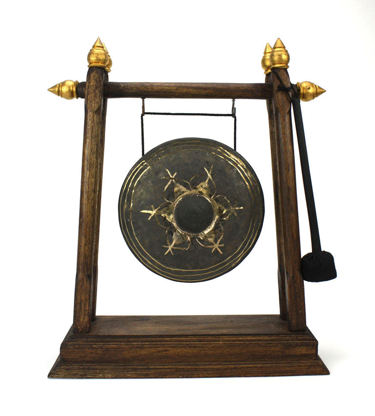 Thai metal gong - dark wood finish with gold finials, 39cm high - farangshop-co