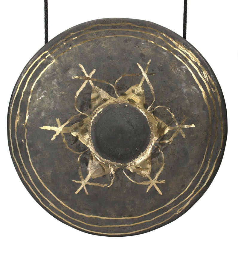 Thai metal gong - dark wood finish with gold finials, 39cm high - farangshop-co