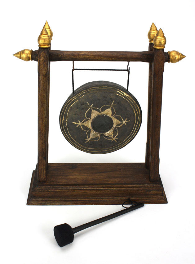 Thai metal gong - dark wood finish with gold finials, 39cm high - farangshop-co
