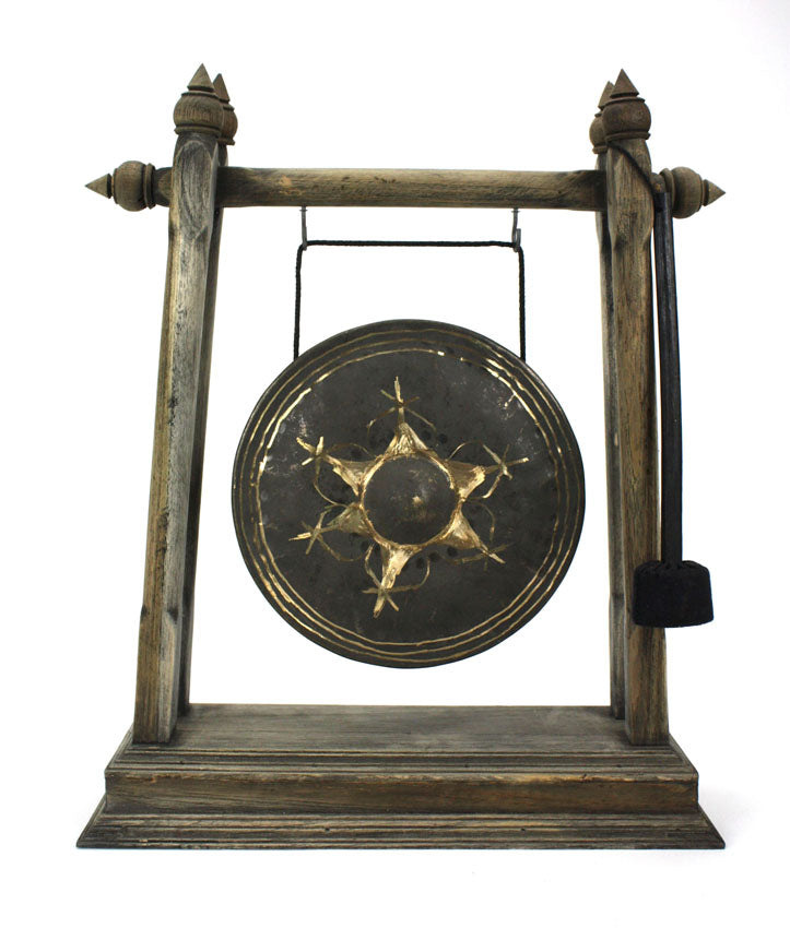Thai metal gong - rustic light wood finish, 39cm high - farangshop-co