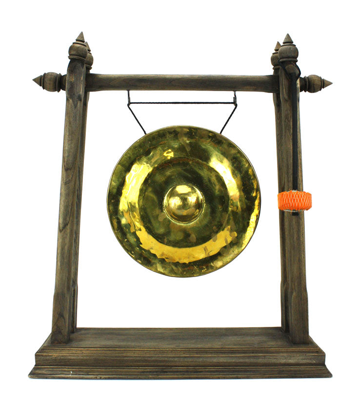 Thai metal golden gong - rustic light wood finish, 54cm high - farangshop-co