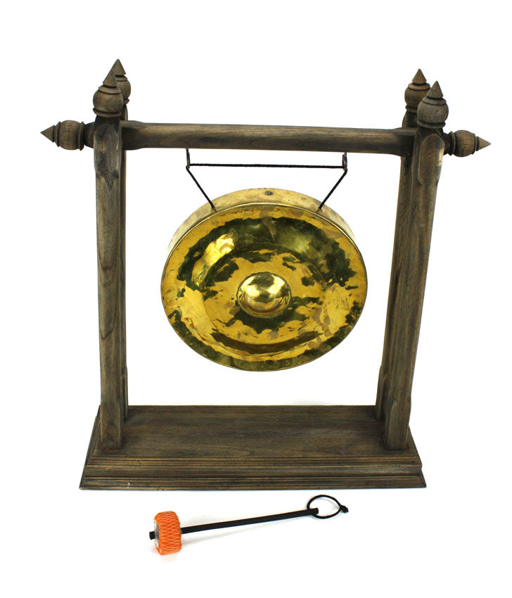 Thai metal golden gong - rustic light wood finish, 54cm high - farangshop-co