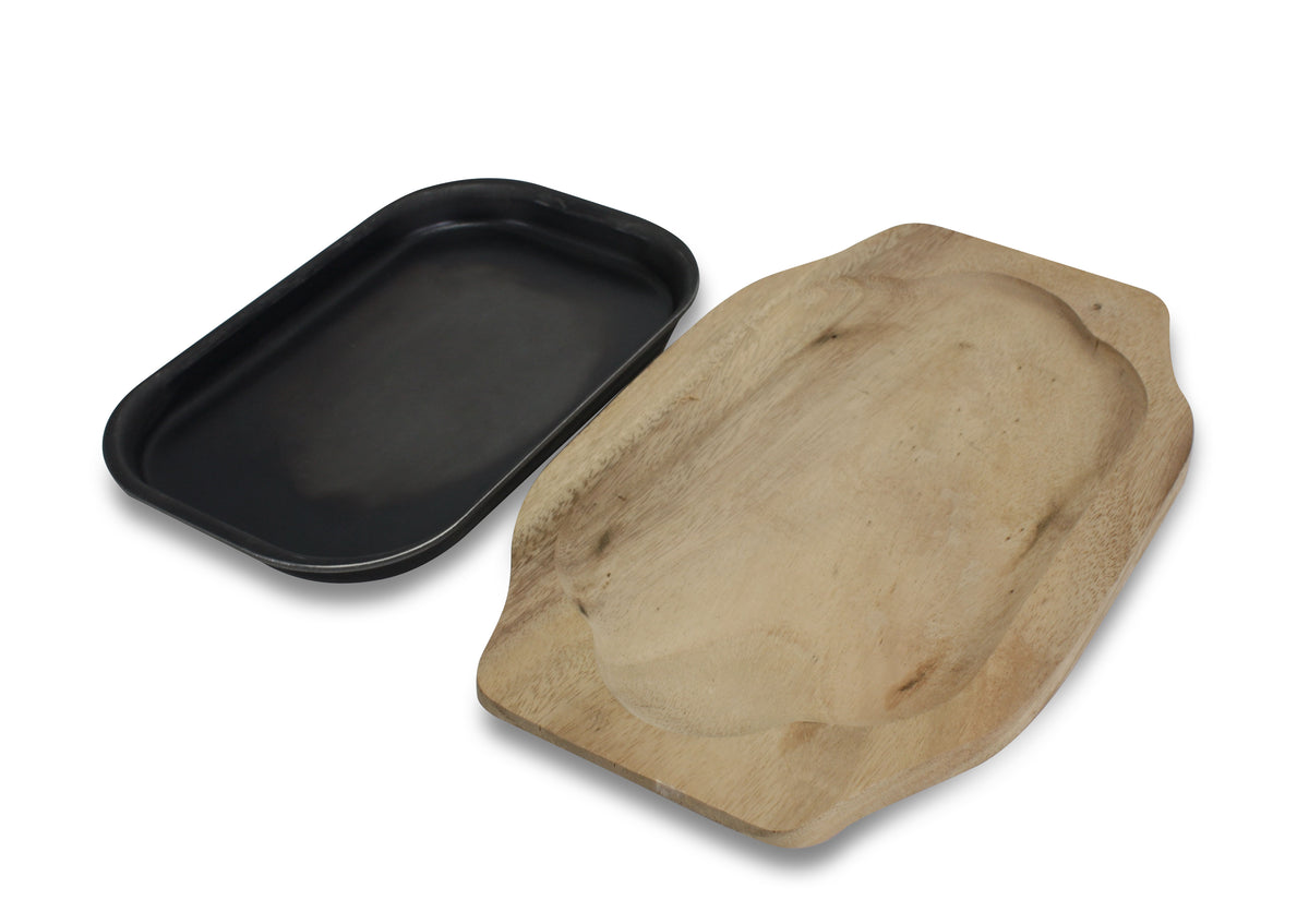 Sizzler Plate; Thai metal hotplate, 25.5cm, on wooden base - farangshop-co