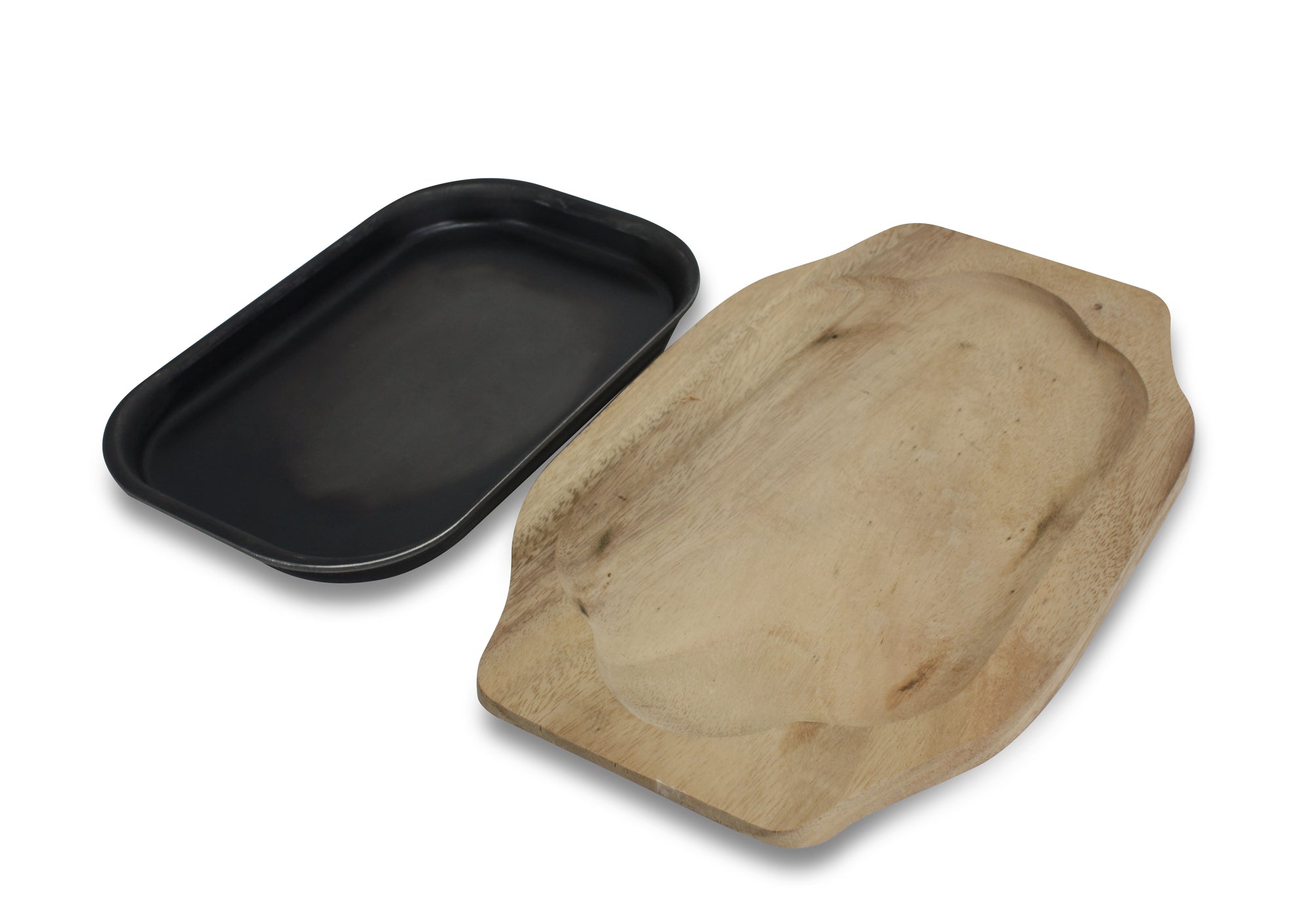 Sizzler Plate; Thai metal hotplate, 25.5cm, on wooden base - farangshop-co