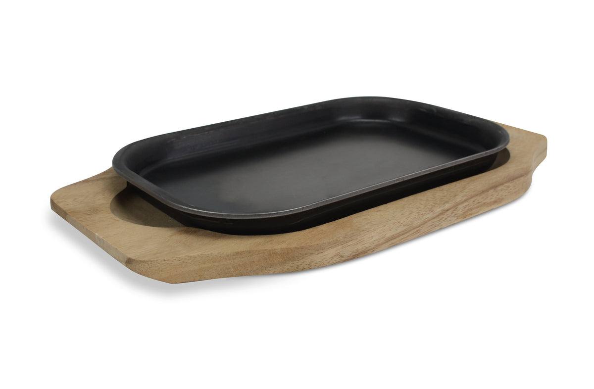 Sizzler Plate; Thai metal hotplate, 25.5cm, on wooden base - farangshop-co