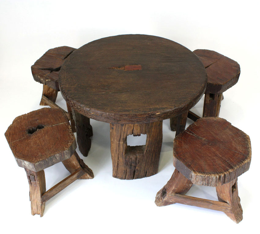Reclaimed Thai teak table and stools set - farangshop-co