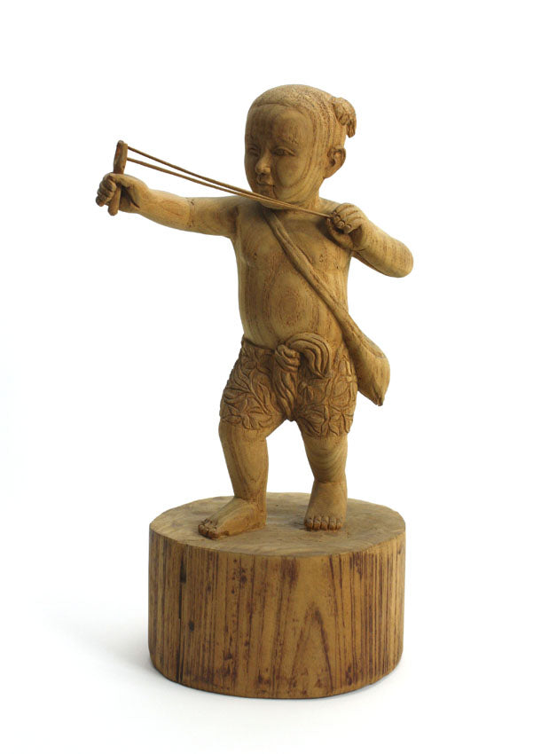 Teak carving - small boy with catapault, Thailand - farangshop-co
