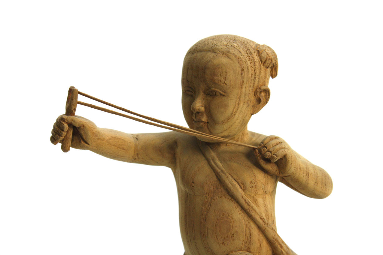 Teak carving - small boy with catapault, Thailand - farangshop-co